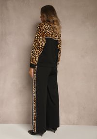 Renee - Czarny Komplet Dresowy z Panterkowymi Wstawkami Bluza i Spodnie Wide Leg Redrie. Kolor: czarny. Materiał: dresówka. Wzór: aplikacja, motyw zwierzęcy #7
