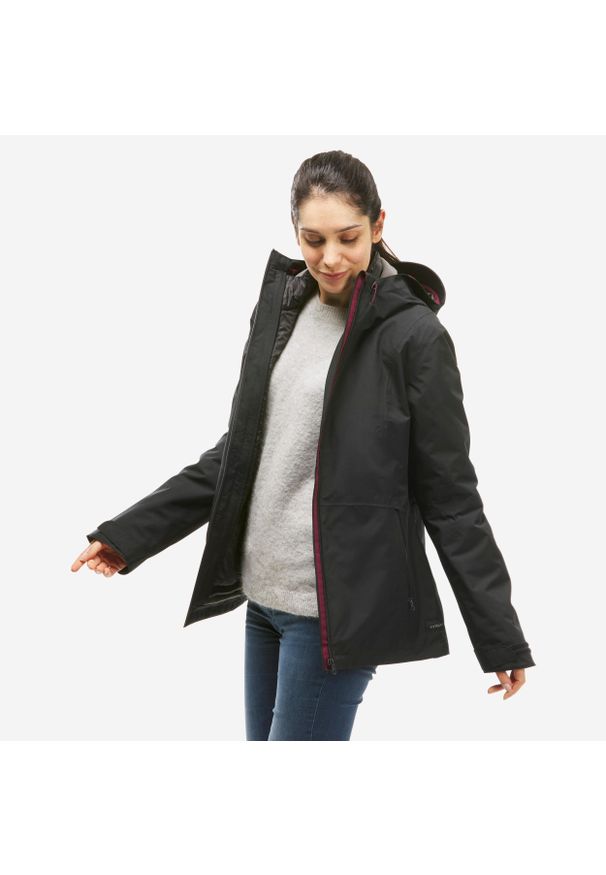 quechua - Kurtka turystyczna damska zimowa Quechua SH500 mountain -10°C 3w1 wodoodporna. Kolor: czarny. Materiał: materiał. Sezon: zima. Sport: turystyka piesza