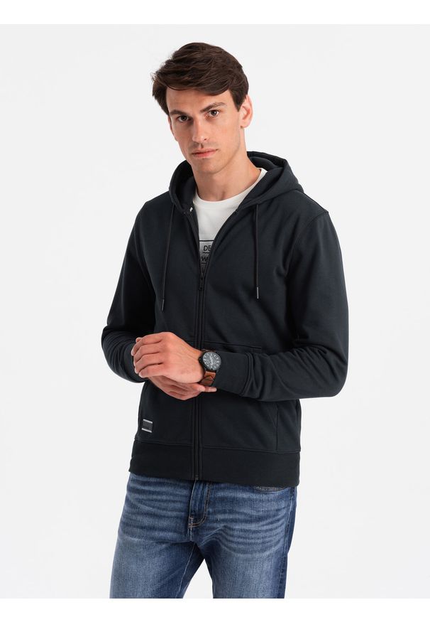 Ombre Clothing - Męska rozpinana dresowa bluza BASIC – czarna V9 - Rozmiar: L. Okazja: na co dzień. Typ kołnierza: kaptur. Kolor: czarny. Materiał: dresówka. Styl: casual