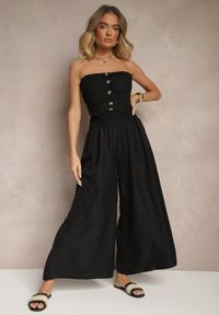 Renee - Czarne Szerokie Spodnie High Waist z Szeroką Gumą w Pasie Korissele. Okazja: na co dzień. Stan: podwyższony. Kolor: czarny. Materiał: guma. Wzór: aplikacja. Styl: casual, elegancki
