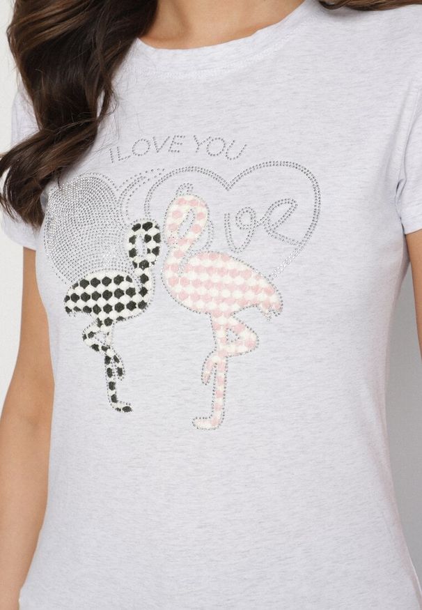 Born2be - Jasnoszary T-shirt z Bawełny z Cyrkoniami i Nadrukiem Listebia. Okazja: na co dzień. Kolor: szary. Materiał: bawełna. Wzór: nadruk. Styl: klasyczny, casual