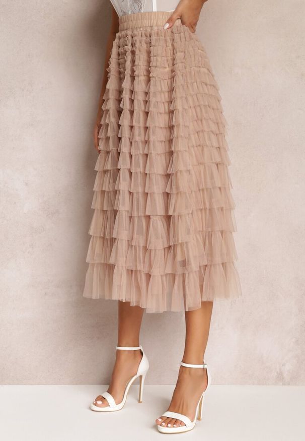 Renee - Beżowa Spódnica Midi z Tiulowymi Falbankami Kontha. Kolor: beżowy. Materiał: tiul. Styl: elegancki, glamour