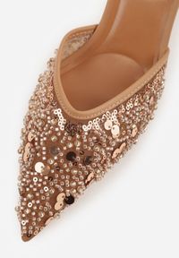 Renee - Ciemnobeżowe Szpilki Slingback Ozdobione Cekinami Vikiraie. Nosek buta: otwarty. Kolor: beżowy. Materiał: skóra. Wzór: aplikacja. Obcas: na szpilce. Styl: elegancki #9