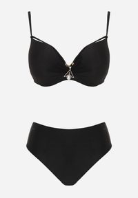 Born2be - Czarne Bikini Majtki Figi i Biustonosz z Paskami i Perłową Aplikacją Cahresha. Kolor: czarny. Wzór: aplikacja #2