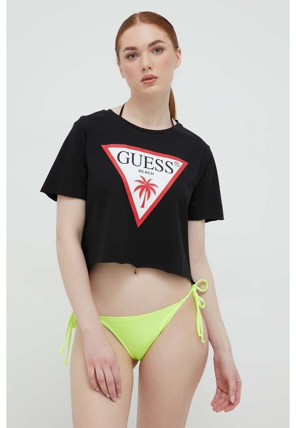 Guess t-shirt bawełniany kolor czarny. Kolor: czarny. Materiał: bawełna. Długość rękawa: krótki rękaw. Długość: krótkie. Wzór: nadruk