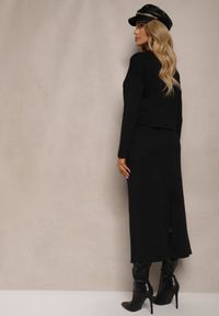 Renee - Czarny Dzianinowy Komplet z Wiskozą Bluzka i Spódnica Ozdobiona Rozcięciem Ilirina. Kolor: czarny. Materiał: dzianina, wiskoza. Wzór: aplikacja #5