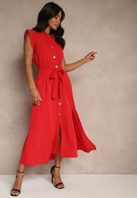 Renee - Czerwona Sukienka z Paskiem Koszulowa o Rozkloszowanym Fasonie Mavoselle. Okazja: na co dzień. Kolor: czerwony. Materiał: jeans. Typ sukienki: koszulowe. Styl: casual, elegancki