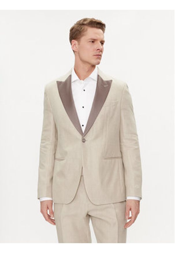 BOSS - Boss Garnitur H-Huge-Tux-242 50514661 Beżowy Slim Fit. Kolor: beżowy. Materiał: len
