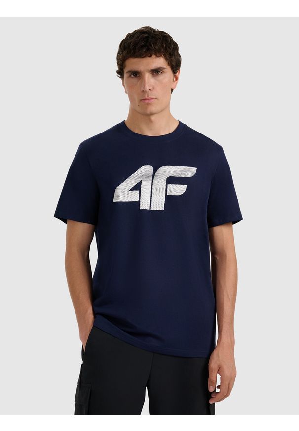4f - 4F T-shirt regular z nadrukiem męski - granatowy 3XL. Okazja: na co dzień. Kolor: niebieski. Wzór: nadruk. Styl: casual