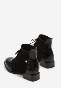 Born2be - Czarne Sznurowane Botki Vices do Kostki z Wężowym Tłoczeniem Wodvira. Zapięcie: sznurówki. Kolor: czarny. Materiał: jeans. Obcas: na obcasie. Styl: elegancki. Wysokość obcasa: niski