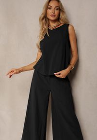 Renee - Czarny Komplet z Bawełny Spodnie Culottes i Luźny Top Tinelia. Kolor: czarny. Materiał: bawełna. Wzór: aplikacja #4