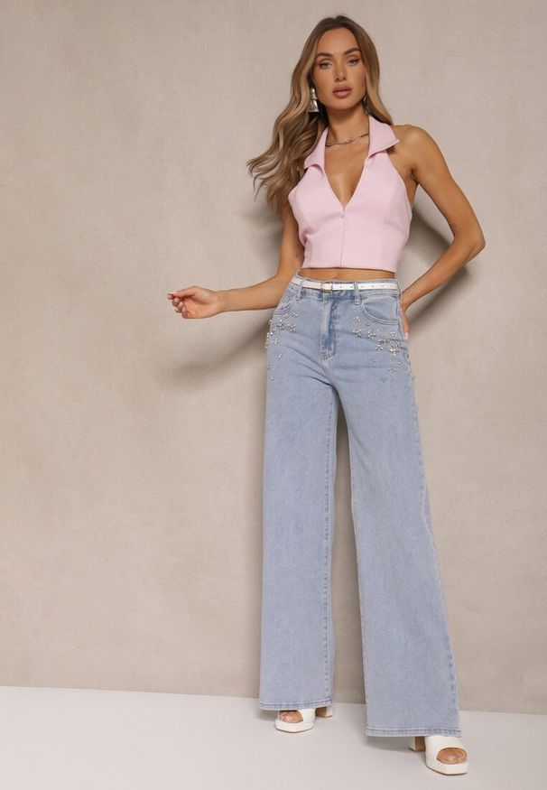 Renee - Jasnoniebieskie Jeansy High Waist Wide Leg z Cyrkoniowymi Zdobieniami Palanirela. Okazja: na co dzień. Stan: podwyższony. Kolor: niebieski. Wzór: aplikacja. Styl: casual, elegancki