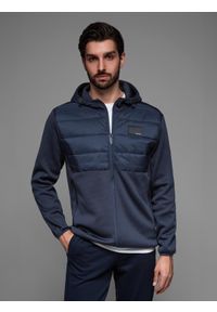 Ombre Clothing - Lekka kurtka męska z łączonych materiałów z kapturem i ozdobnym pikowaniem – granatowa V4 - Rozmiar: XXL. Okazja: na co dzień. Typ kołnierza: kaptur. Kolor: niebieski. Materiał: materiał. Wzór: aplikacja. Styl: casual
