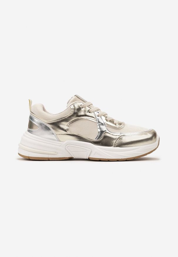 Renee - Beżowo-Złote Sznurowane Sneakersy Ozdobione Metaliczną Wstawką Kizria. Okazja: na co dzień. Zapięcie: sznurówki. Kolor: beżowy. Materiał: jeans. Wzór: aplikacja. Sezon: wiosna. Obcas: na obcasie. Wysokość obcasa: niski