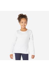 DOMYOS - Koszulka z długim rękawem dziecięca Domyos Basic. Kolor: biały. Materiał: materiał, bawełna. Długość rękawa: długi rękaw. Długość: długie #1