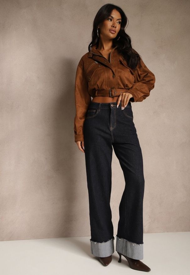 Renee - Niebieskie Jeansy Wide Leg z Ozdobnie Podwiniętymi Nogawkami Zenesea. Okazja: na spotkanie biznesowe, na co dzień. Stan: podwyższony. Kolor: niebieski. Styl: biznesowy, casual, elegancki