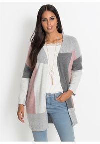 Długi sweter bez zapięcia "colorblocking" bonprix szaro-jasnoróżowy wzorzysty. Kolor: szary. Długość: długie. Wzór: aplikacja #2
