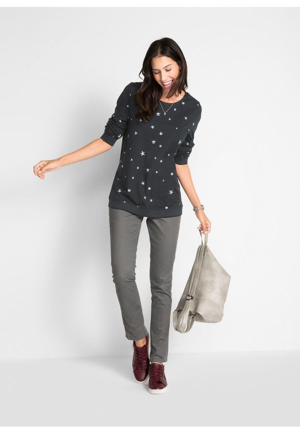 bonprix - Shirt bawełniany z nadrukiem, długi rękaw. Kolor: czarny. Materiał: bawełna. Długość rękawa: długi rękaw. Długość: długie. Wzór: nadruk