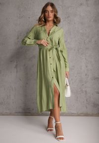 Renee - Zielona Sukienka z Wiskozą o Koszulowym Kroju z Wiązanym Paskiem Rissanni. Kolor: zielony. Materiał: wiskoza. Typ sukienki: koszulowe. Styl: elegancki, klasyczny #8
