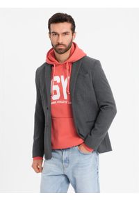 Ombre Clothing - Elegancka marynarka męska z dekoracyjnymi guzikami na mankietach - grafitowa V1. Kolor: szary. Materiał: poliester. Styl: elegancki