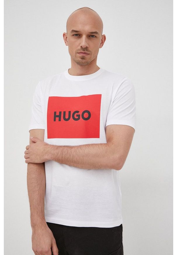 Hugo - HUGO t-shirt bawełniany 50467952 kolor biały z nadrukiem. Kolor: biały. Materiał: bawełna. Wzór: nadruk