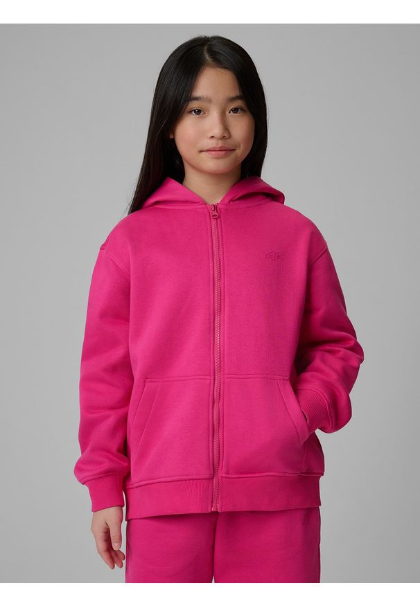 4f - 4F Bluza dresowa loose z kapturem dziewczęca - różowa 146/152 (10-12 lat). Okazja: na co dzień, na uczelnię. Typ kołnierza: kaptur. Kolor: różowy. Materiał: dresówka. Sezon: lato. Styl: casual