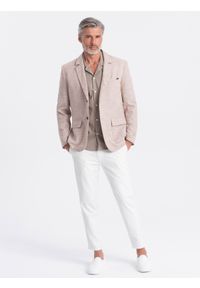 Ombre Clothing - Męska marynarka o kroju REGULAR z lnem - jasnobeżowa V2. Okazja: do pracy. Kolor: beżowy. Materiał: len. Wzór: aplikacja. Styl: klasyczny, elegancki