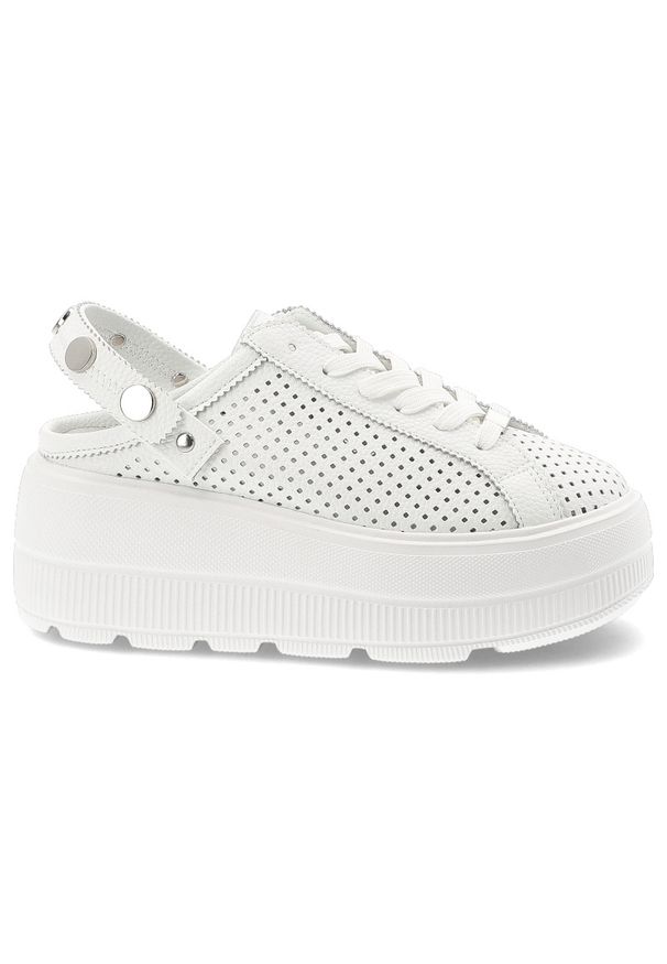 Klapki damskie S.Barski, ze skóry naturalnej licowej ażurowa cholewka platforma sznurowane styl casual, białe, LR61-7088. Okazja: na co dzień. Kolor: biały. Materiał: skóra. Wzór: ażurowy. Sezon: lato. Obcas: na platformie. Styl: casual