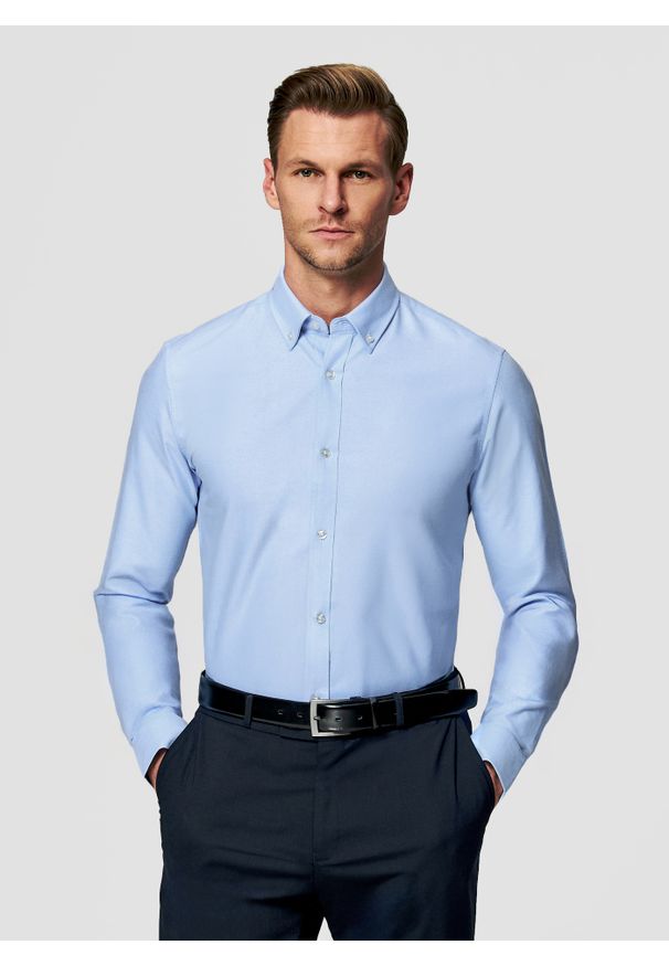 Pako Lorente - PAKO LORENTE – Niebieska koszula męska. Typ kołnierza: button down. Kolor: różowy, szary, niebieski. Materiał: poliester, bawełna. Długość rękawa: długi rękaw. Długość: długie