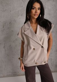 Renee - Beżowa Dwurzędowa Kamizelka Oversize o Garniturowym Kroju Edoriela. Kolor: beżowy. Materiał: poliester, koronka #1