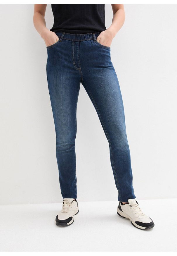 bonprix - Jegginsy mid waist z wygodnym paskiem w talii. Kolor: niebieski
