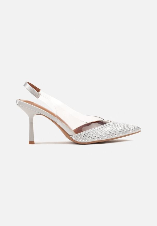Renee - Srebrne Sandały Slingback na Obcasie z Przezroczystą Wstawką i Cyrkoniami Senoreth. Okazja: na imprezę. Kolor: srebrny. Materiał: jeans. Obcas: na obcasie. Styl: elegancki. Wysokość obcasa: średni