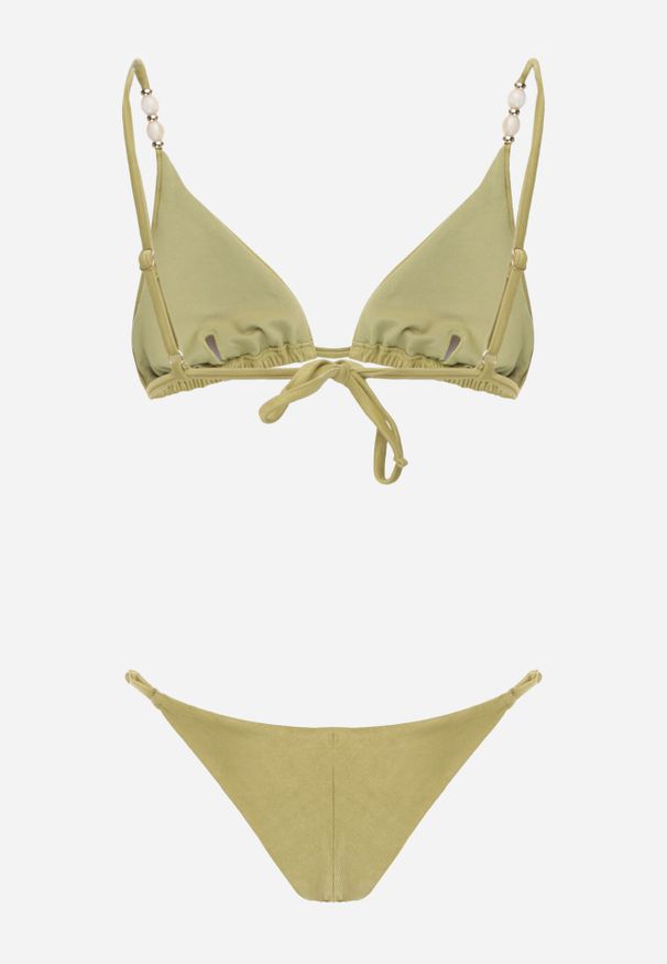 Born2be - Jasnozielone Bikini Wiązany Biustonosz z Koralikami i Majtki Figi Aglasia. Kolekcja: plus size. Kolor: zielony. Materiał: len. Wzór: aplikacja