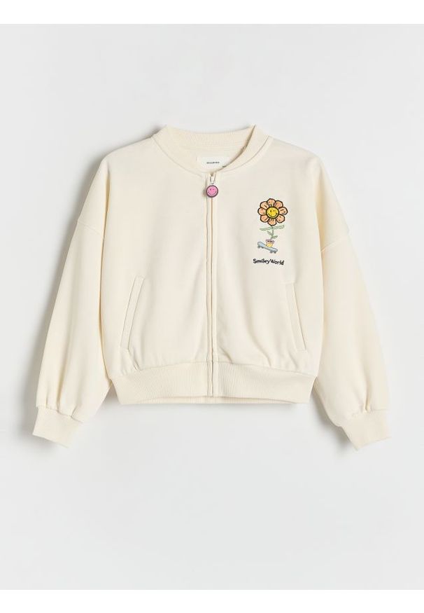 Reserved - Bluza bomberka SmileyWorld® - kremowy. Kolor: kremowy. Materiał: bawełna, dzianina