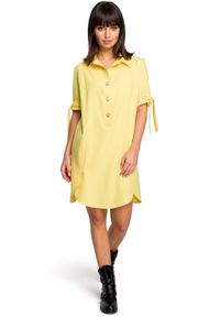 BE - Sukienka koszulowa mini z lnem z kołnierzykiem i kieszeniami żółty. Kolor: żółty. Materiał: len. Długość rękawa: krótki rękaw. Sezon: lato. Typ sukienki: koszulowe. Styl: elegancki. Długość: mini #3