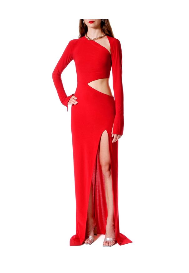 AGGI - Czerwona sukienka maxi z wycięciami Skylar. Kolor: czerwony. Materiał: materiał. Typ sukienki: dopasowane, asymetryczne. Długość: maxi