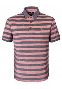 Bawełniana, Męska Koszulka Polo - Pako Jeans - Łososiowe Pasy. Okazja: na co dzień. Typ kołnierza: polo. Kolor: różowy. Materiał: bawełna. Wzór: prążki, paski. Styl: casual #1