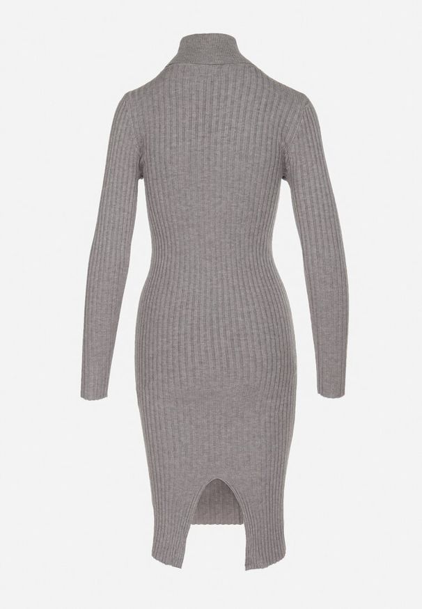 Born2be - Szara Sukienka Prążkowana o Dopasowanym Kroju z Golfem Kaszmirem Bawełną i Wełną Vaithessa. Okazja: na co dzień. Typ kołnierza: golf. Kolor: szary. Materiał: wełna, bawełna, prążkowany, kaszmir. Długość rękawa: długi rękaw. Styl: casual, elegancki