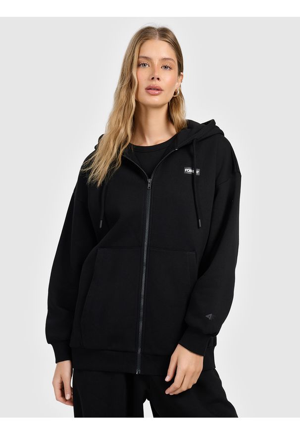 4f - 4F Bluza dresowa rozpinana z kapturem damska - czarna M. Okazja: na co dzień. Typ kołnierza: kaptur. Kolor: czarny. Materiał: dresówka. Styl: casual, klasyczny