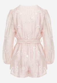 Born2be - Różowy Kopertowy Kombinezon z Tencelu Ozdobiony Kwiatkami 3D i Cekinami Adralila. Okazja: na co dzień, na spacer. Kolor: różowy. Materiał: materiał, poliester. Wzór: kwiaty, aplikacja. Sezon: lato. Styl: casual, klasyczny, elegancki #5