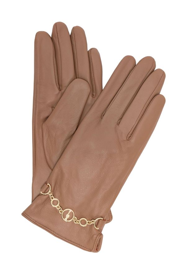 Ochnik - Skórzane brązowe rękawiczki damskie. Kolor: brązowy. Materiał: skóra. Wzór: aplikacja. Styl: klasyczny, elegancki
