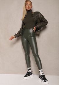 Renee - Ciemnozielone Legginsy Push-Up z Ekoskóry Ocieplone Polarkiem Alabella. Okazja: na co dzień. Kolor: zielony. Materiał: polar. Styl: casual, elegancki #1