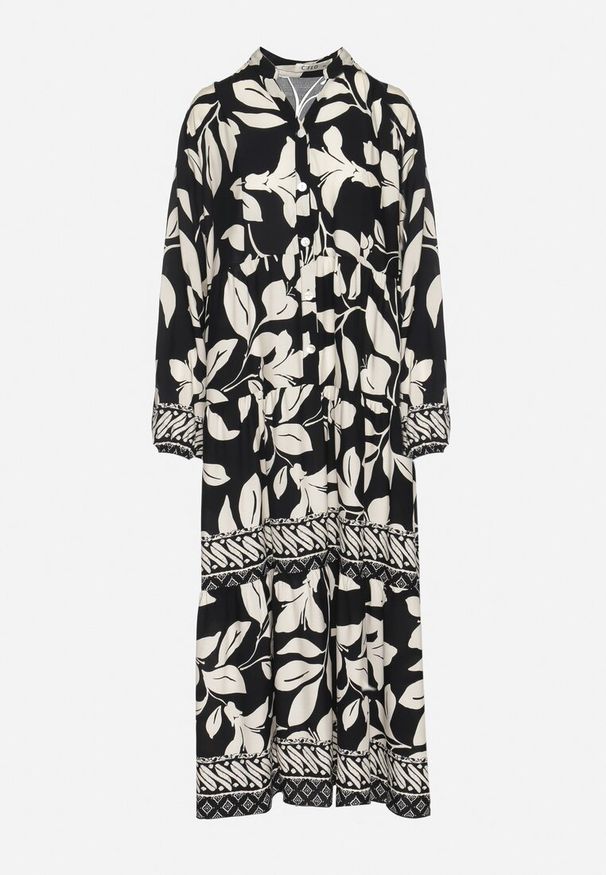 Born2be - Czarna Koszulowa Sukienka z Wiskozy z Motywem Liści Liorenna. Okazja: na co dzień. Kolor: czarny. Materiał: wiskoza. Wzór: kolorowy. Sezon: wiosna, lato. Typ sukienki: koszulowe. Styl: casual, klasyczny