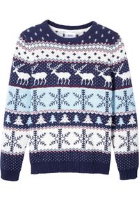 bonprix - Sweter chłopięcy w renifery. Kolor: niebieski. Materiał: bawełna. Wzór: nadruk, prążki #1