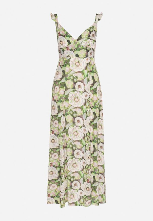 Born2be - Zielona Rozkloszowana Sukienka z Wiskozy w Kwiatowym Wzór Redeelle. Okazja: na co dzień. Kolor: zielony. Materiał: wiskoza. Wzór: kwiaty. Typ sukienki: rozkloszowane. Styl: casual, elegancki