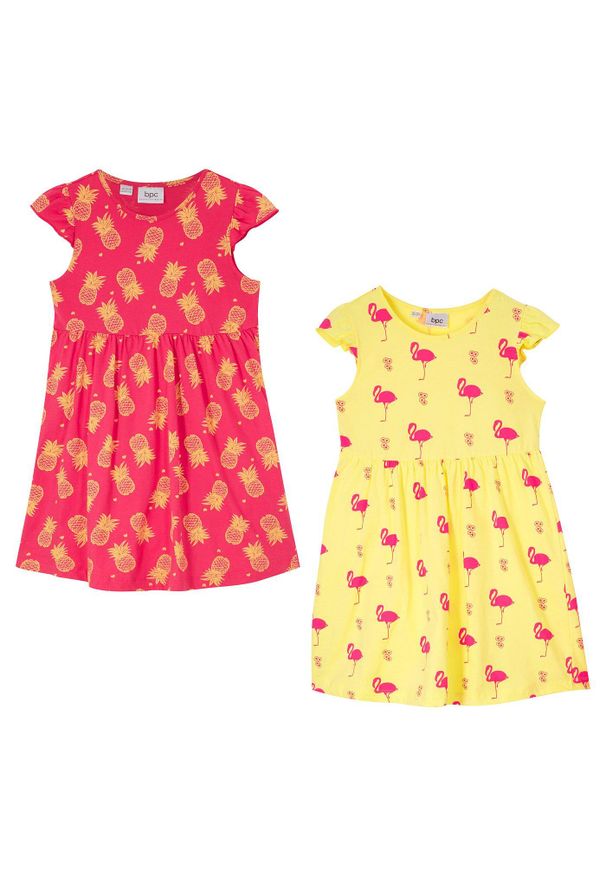 bonprix - Sukienka z dżerseju z czystej bawełny organicznej (2 szt.). Kolor: żółty. Materiał: jersey, bawełna. Wzór: nadruk, aplikacja. Sezon: lato