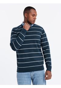 Ombre Clothing - Casualowy męski sweter w poziome paski – granatowy V1 - Rozmiar: XXL. Okazja: na co dzień. Kolor: niebieski. Materiał: nylon, włókno, materiał, bawełna. Wzór: paski. Styl: casual #4