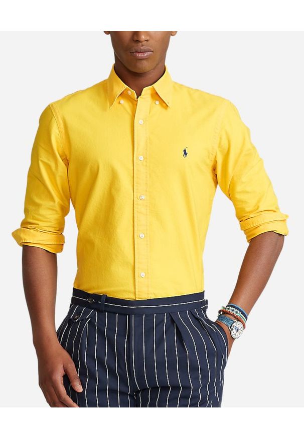 Ralph Lauren - RALPH LAUREN - Żółta koszula z haftowanym logo Slim Fit. Typ kołnierza: polo. Kolor: żółty. Materiał: bawełna. Długość rękawa: długi rękaw. Długość: długie. Wzór: haft