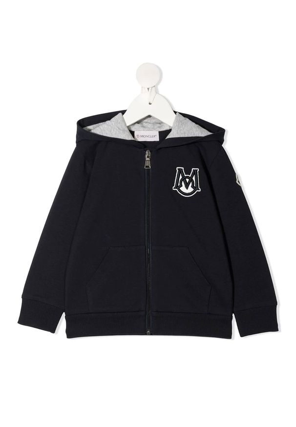 MONCLER KIDS - Granatowa bluza z kapturem 0-3 lat. Typ kołnierza: kaptur. Kolor: niebieski. Długość rękawa: długi rękaw. Długość: długie. Wzór: aplikacja. Sezon: lato