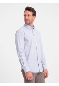 Ombre Clothing - Męska koszula bawełniana REGULAR FIT w pionowe paski - błękitno-biała OM-SHOS-0155 - XXL. Typ kołnierza: kołnierzyk klasyczny. Kolor: niebieski. Materiał: bawełna. Długość rękawa: długi rękaw. Długość: długie. Wzór: paski. Styl: klasyczny #5